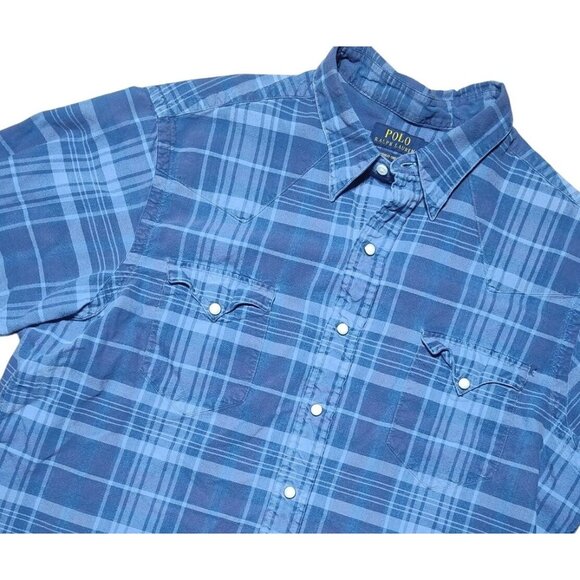 R.L.‎ Polo Men's Western Snap Short Sleeve Shirt XL Blue Plaid - Picture 1 of 5